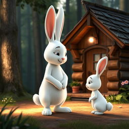 In the early morning, in front of a small wooden cabin in the forest, a large white rabbit greets a small white rabbit, depicted in Pixar's animation style