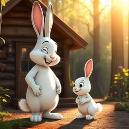 In the early morning, in front of a quaint wooden cabin nestled in the forest, a large white rabbit warmly greets a small white rabbit