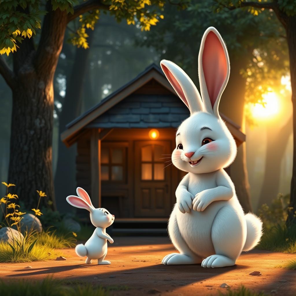 In the early morning, in front of a quaint wooden cabin nestled in the forest, a large white rabbit warmly greets a small white rabbit