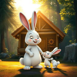 In the early morning, in front of a quaint wooden cabin nestled in the forest, a large white rabbit warmly greets a small white rabbit