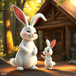 In the early morning, in front of a quaint wooden cabin nestled in the forest, a large white rabbit warmly greets a small white rabbit