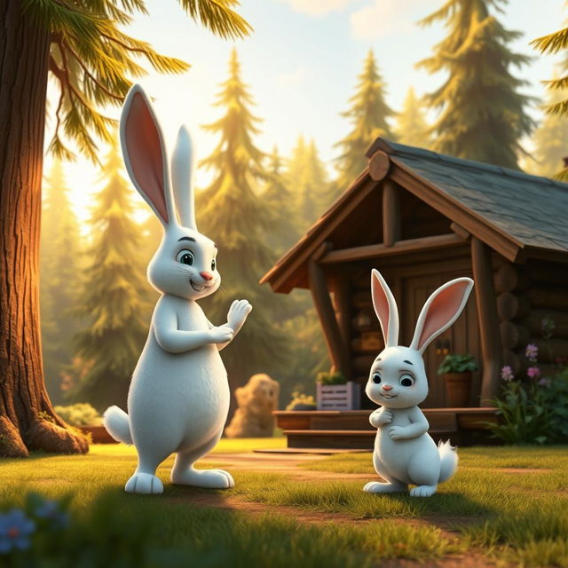 In the early morning, in front of a charming wooden cabin nestled within a lush forest, a large white rabbit stands warmly greeting a small white rabbit