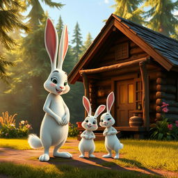 In the early morning, in front of a charming wooden cabin nestled within a lush forest, a large white rabbit stands warmly greeting a small white rabbit