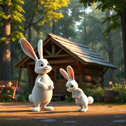 In the early morning, in front of a charming wooden cabin nestled within a lush forest, a large white rabbit stands warmly greeting a small white rabbit