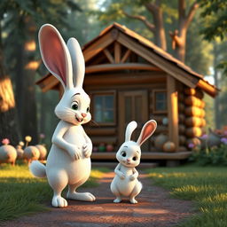 In the early morning, in front of a charming wooden cabin nestled within a lush forest, a large white rabbit stands warmly greeting a small white rabbit