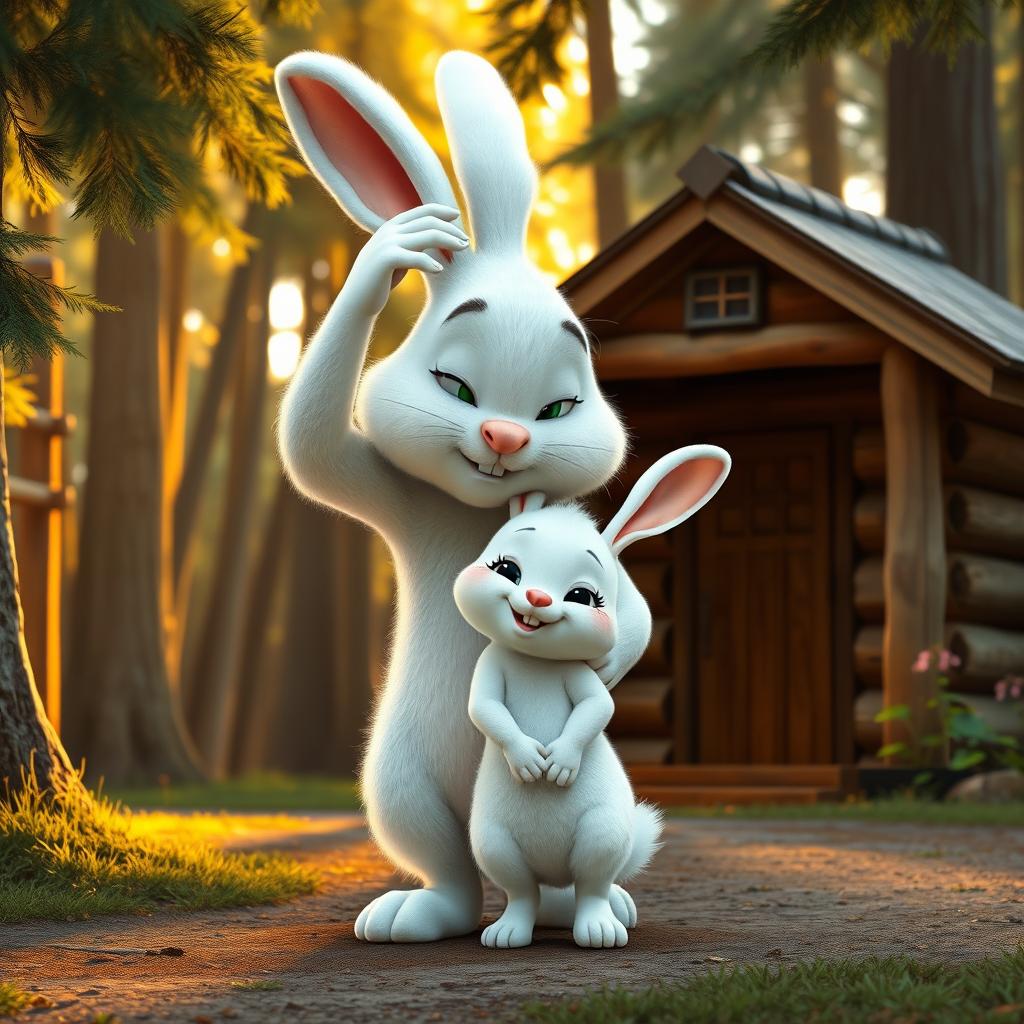 In the early morning, in front of a quaint wooden cabin in the forest, a large white rabbit gently pats the head of a small white rabbit, depicted in Pixar's iconic animation style