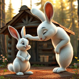 In the early morning, in front of a quaint wooden cabin in the forest, a large white rabbit gently pats the head of a small white rabbit, depicted in Pixar's iconic animation style