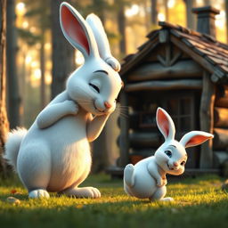 In the early morning, in front of a quaint wooden cabin in the forest, a large white rabbit gently pats the head of a small white rabbit, depicted in Pixar's iconic animation style