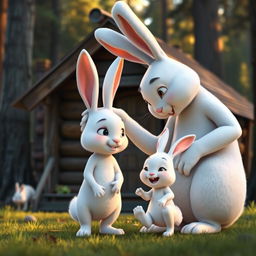 In the early morning, in front of a quaint wooden cabin in the forest, a large white rabbit gently pats the head of a small white rabbit, depicted in Pixar's iconic animation style