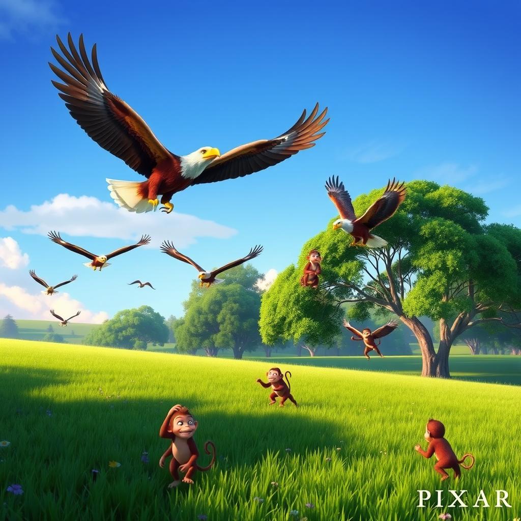 In the early morning on a vibrant green meadow, several majestic eagles soar gracefully through the sky while a group of playful monkeys energetically climb the nearby trees