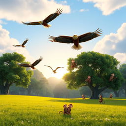 In the early morning on a vibrant green meadow, several majestic eagles soar gracefully through the sky while a group of playful monkeys energetically climb the nearby trees