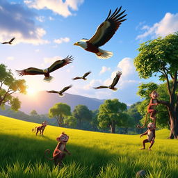 In the early morning on a vibrant green meadow, several majestic eagles soar gracefully through the sky while a group of playful monkeys energetically climb the nearby trees