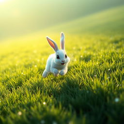 In the early morning, on a sprawling green meadow, a small white rabbit is captured mid-sprint, showcasing its energetic and lively motion