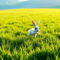 In the early morning, on a sprawling green meadow, a small white rabbit is captured mid-sprint, showcasing its energetic and lively motion