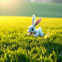 In the early morning, on a sprawling green meadow, a small white rabbit is captured mid-sprint, showcasing its energetic and lively motion