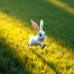 In the early morning, on a sprawling green meadow, a small white rabbit is captured mid-sprint, showcasing its energetic and lively motion