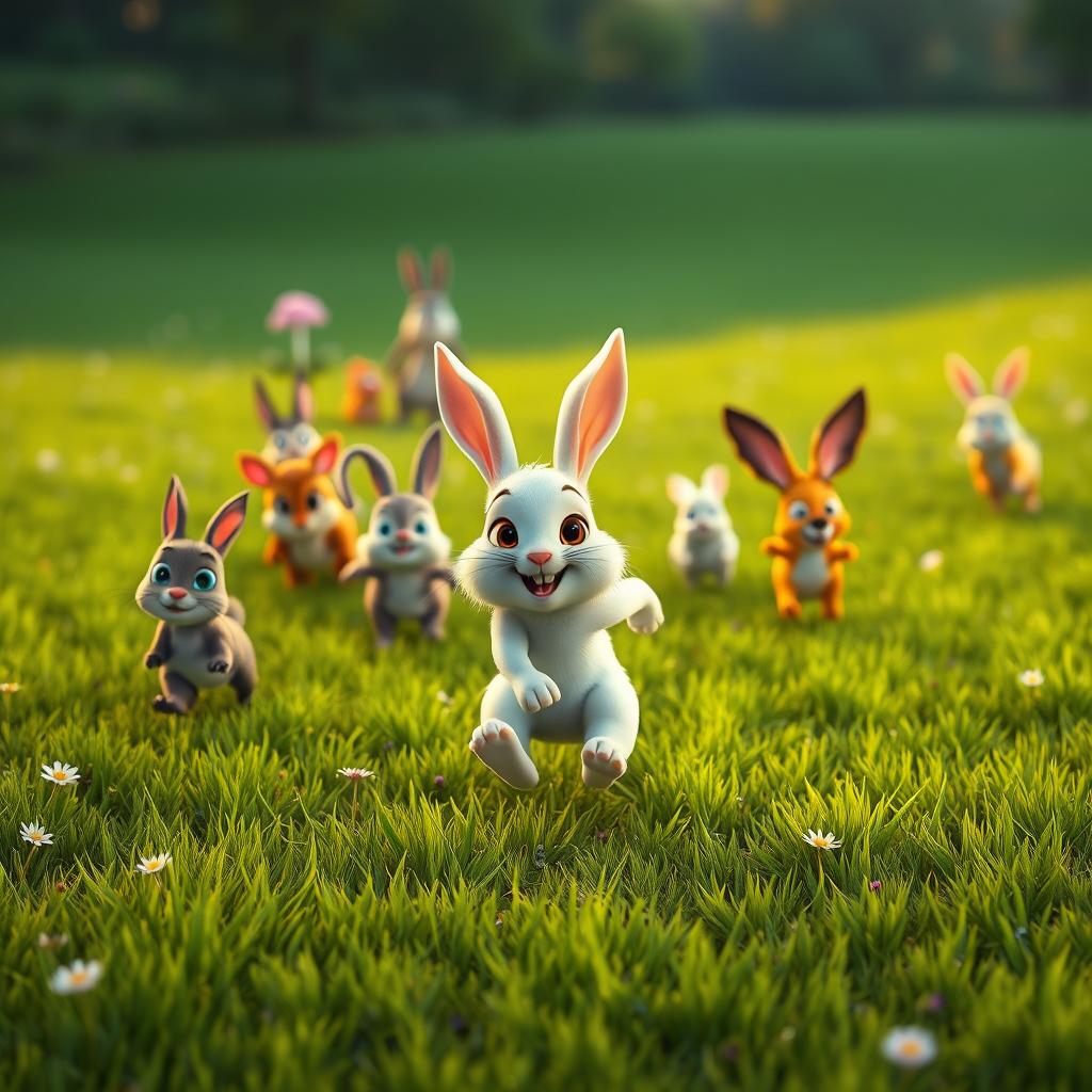 In the early morning, on a lush green meadow, a small white rabbit leads a group of various small animals in a lively race, sprinting at the forefront with determination and joy