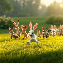 In the early morning, on a lush green meadow, a small white rabbit leads a group of various small animals in a lively race, sprinting at the forefront with determination and joy