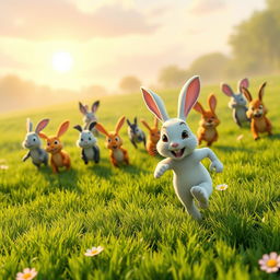 In the early morning, on a lush green meadow, a small white rabbit leads a group of various small animals in a lively race, sprinting at the forefront with determination and joy