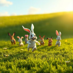 In the early morning, on a lush green meadow, a small white rabbit leads a group of various small animals in a lively race, sprinting at the forefront with determination and joy