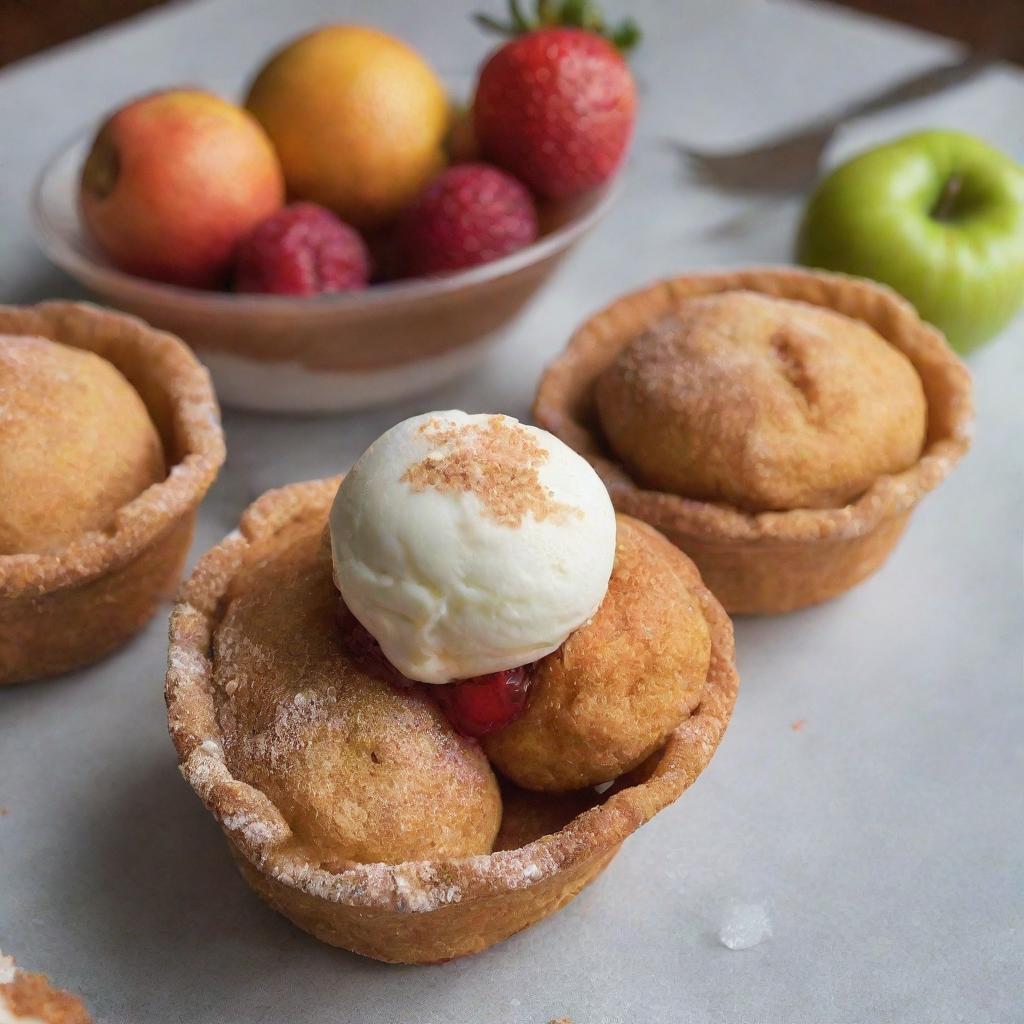 Buñuelos topped with a scoop of ice cream, embellished with a variety of vibrant, fresh fruits.