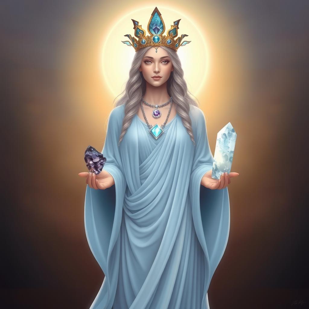 The Goddess of Awakening is a vision of ethereal beauty, draped in a light blue flowing dress that captures the serenity and grace of a new dawn