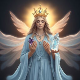 The Goddess of Awakening is a vision of ethereal beauty, draped in a light blue flowing dress that captures the serenity and grace of a new dawn