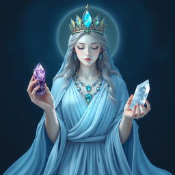 The Goddess of Awakening is a vision of ethereal beauty, draped in a light blue flowing dress that captures the serenity and grace of a new dawn