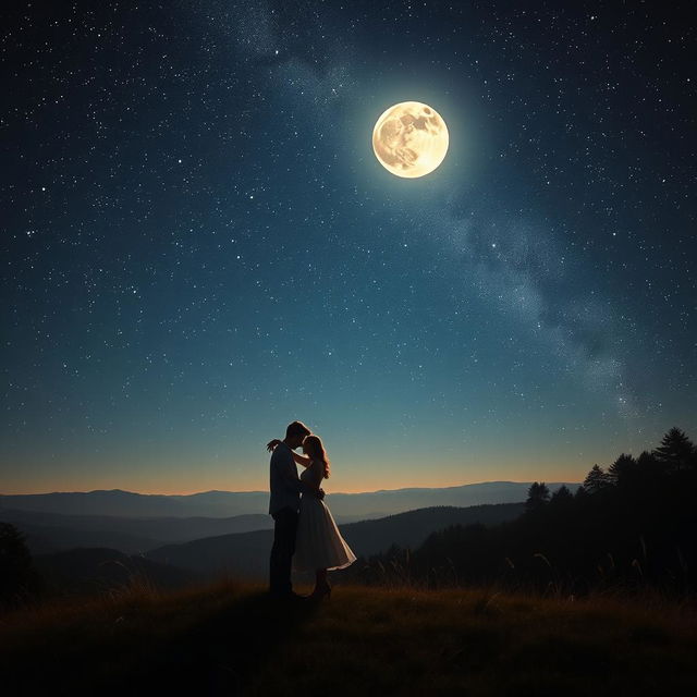 A romantic scene under the starry night sky, symbolizing the journey of a relationship filled with challenges, loss, and rediscovery of love