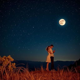 A romantic scene under the starry night sky, symbolizing the journey of a relationship filled with challenges, loss, and rediscovery of love