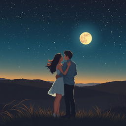 A romantic scene under the starry night sky, symbolizing the journey of a relationship filled with challenges, loss, and rediscovery of love