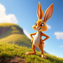 An orange-colored small rabbit confidently stands with its hands on its hips on a hillside, striking a bold and proud pose