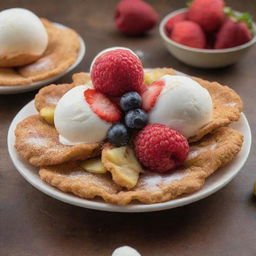 Buñuelos topped with a scoop of ice cream, embellished with a variety of vibrant, fresh fruits.