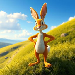 An orange-colored small rabbit confidently stands with its hands on its hips on a hillside, striking a bold and proud pose