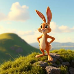 An orange-colored small rabbit confidently stands with its hands on its hips on a hillside, striking a bold and proud pose