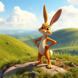 An orange-colored small rabbit confidently stands with its hands on its hips on a hillside, striking a bold and proud pose