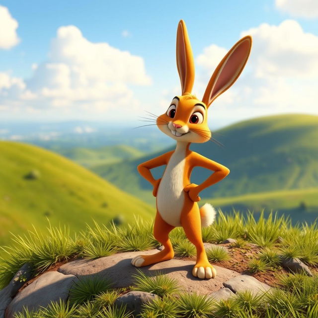 An orange-colored small rabbit confidently stands with its hands on its hips on a hillside, striking a bold and proud pose