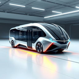 A futuristic concept design of a dynamic bus for the year 2050, showcasing an aerodynamic, sleek exterior