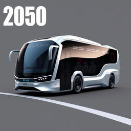 A futuristic concept design of a dynamic bus for the year 2050, showcasing an aerodynamic, sleek exterior