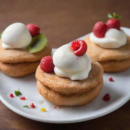 Buñuelos topped with a scoop of ice cream, embellished with a variety of vibrant, fresh fruits.