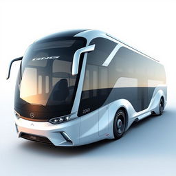 A futuristic concept design of a dynamic bus for the year 2050, showcasing an aerodynamic, sleek exterior