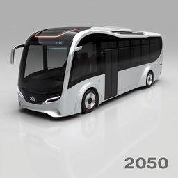 A futuristic concept design of a dynamic bus for the year 2050, showcasing an aerodynamic, sleek exterior