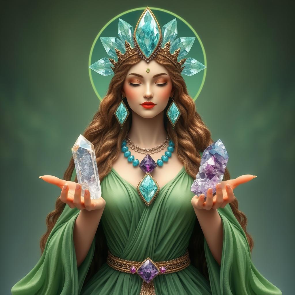 The Goddess of Awakening is a vision of natural splendor, adorned in a green flowing dress that embodies the rejuvenation of nature and life