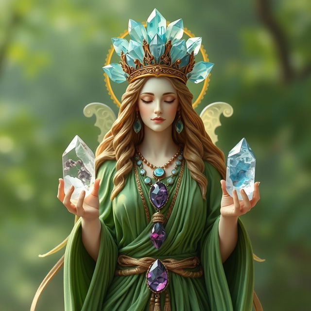 The Goddess of Awakening is a vision of natural splendor, adorned in a green flowing dress that embodies the rejuvenation of nature and life