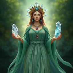 The Goddess of Awakening is a vision of natural splendor, adorned in a green flowing dress that embodies the rejuvenation of nature and life