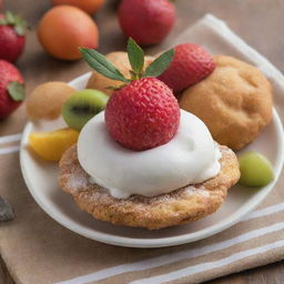 Buñuelos topped with a scoop of ice cream, embellished with a variety of vibrant, fresh fruits.