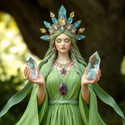 The Goddess of Awakening is a vision of natural splendor, adorned in a green flowing dress that embodies the rejuvenation of nature and life