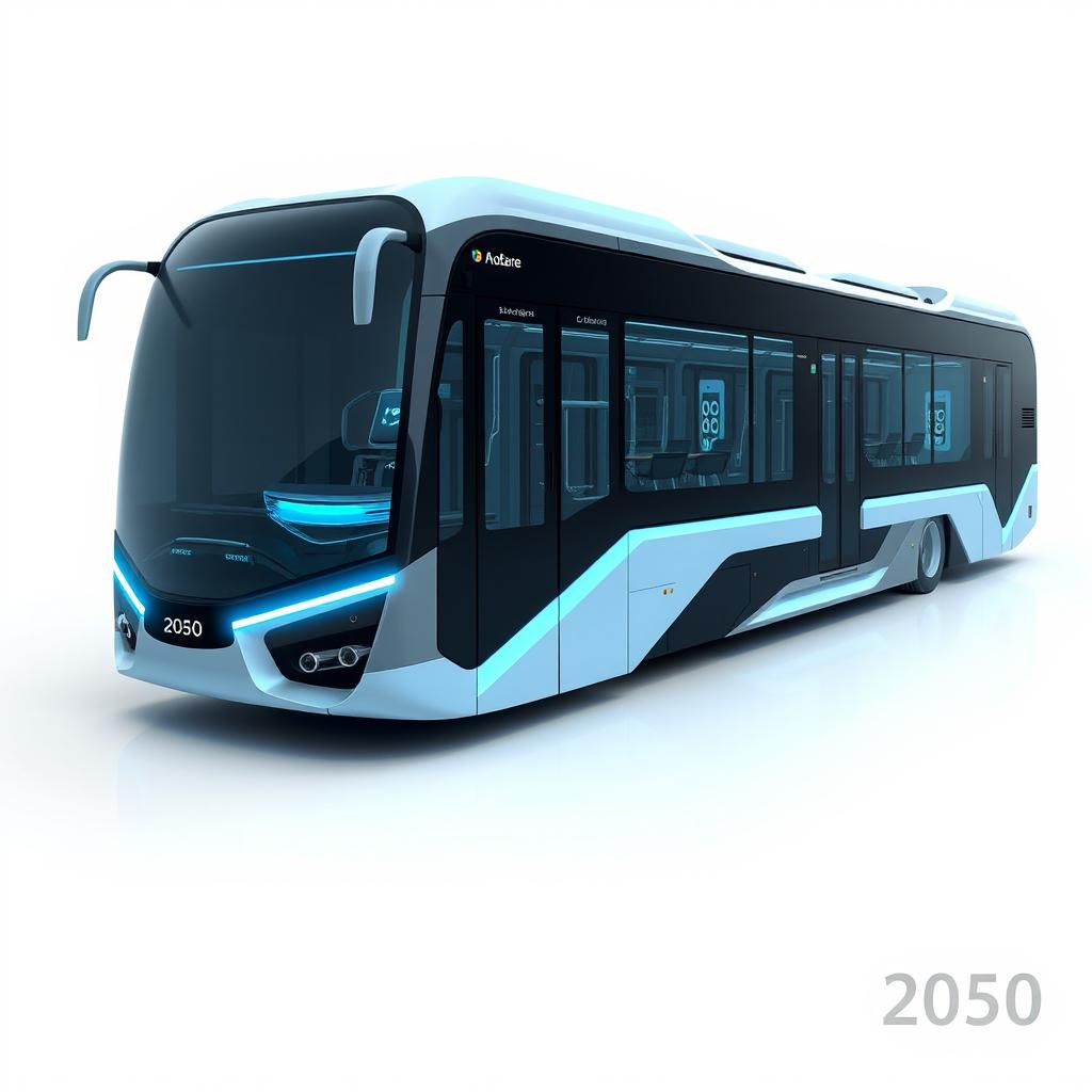 A futuristic concept design of dynamic buses with an arrow-inspired exterior for the year 2050