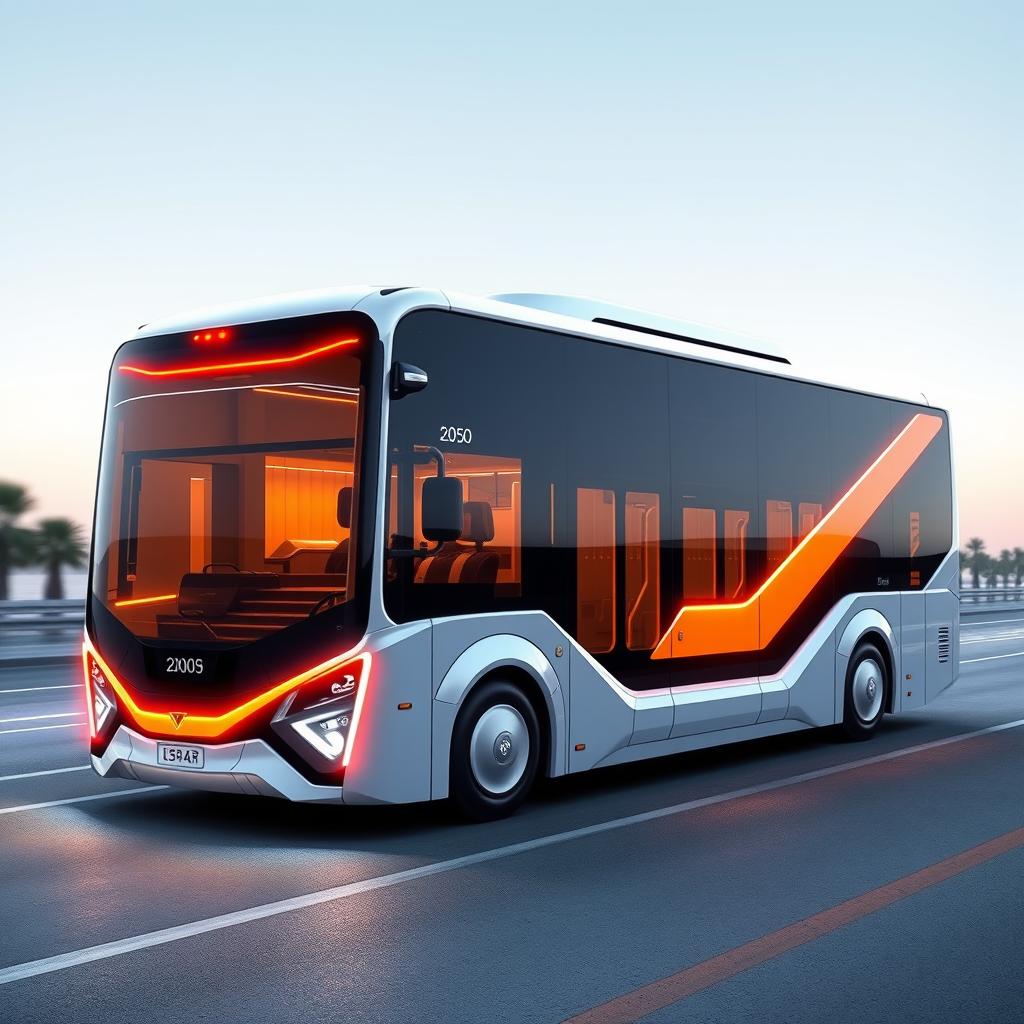 A futuristic concept design of dynamic buses with an arrow-inspired exterior for the year 2050