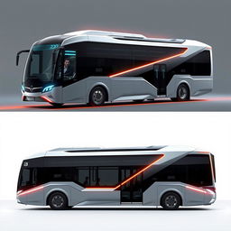 A futuristic concept design of dynamic buses with an arrow-inspired exterior for the year 2050